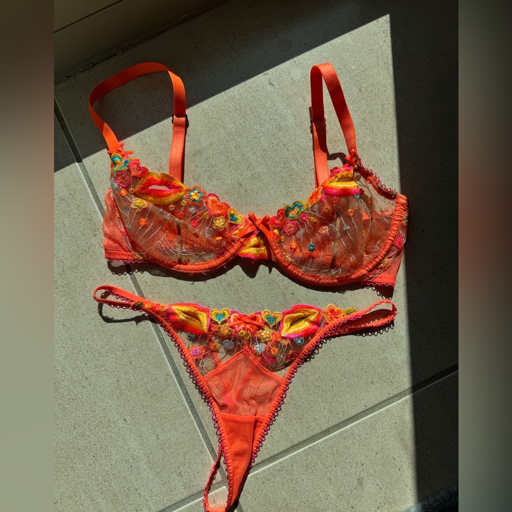 Honey Birdette neon orange DIXIE bra thong set 32D XXS